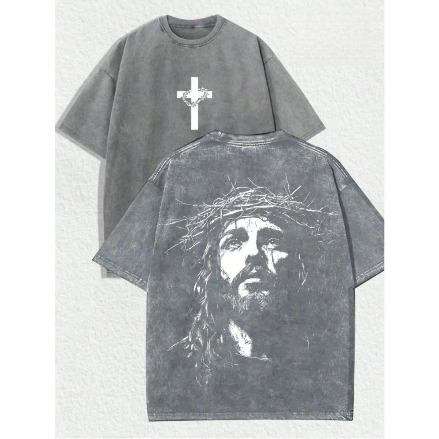 Jesus Crown of Thorns Double-Sided Washed Black Christian T-Shirt - Oversized Faith Tee.Double-Sided Print Jesus & Cross Washed Black T-Shirt - Christian Cotton Streetwear