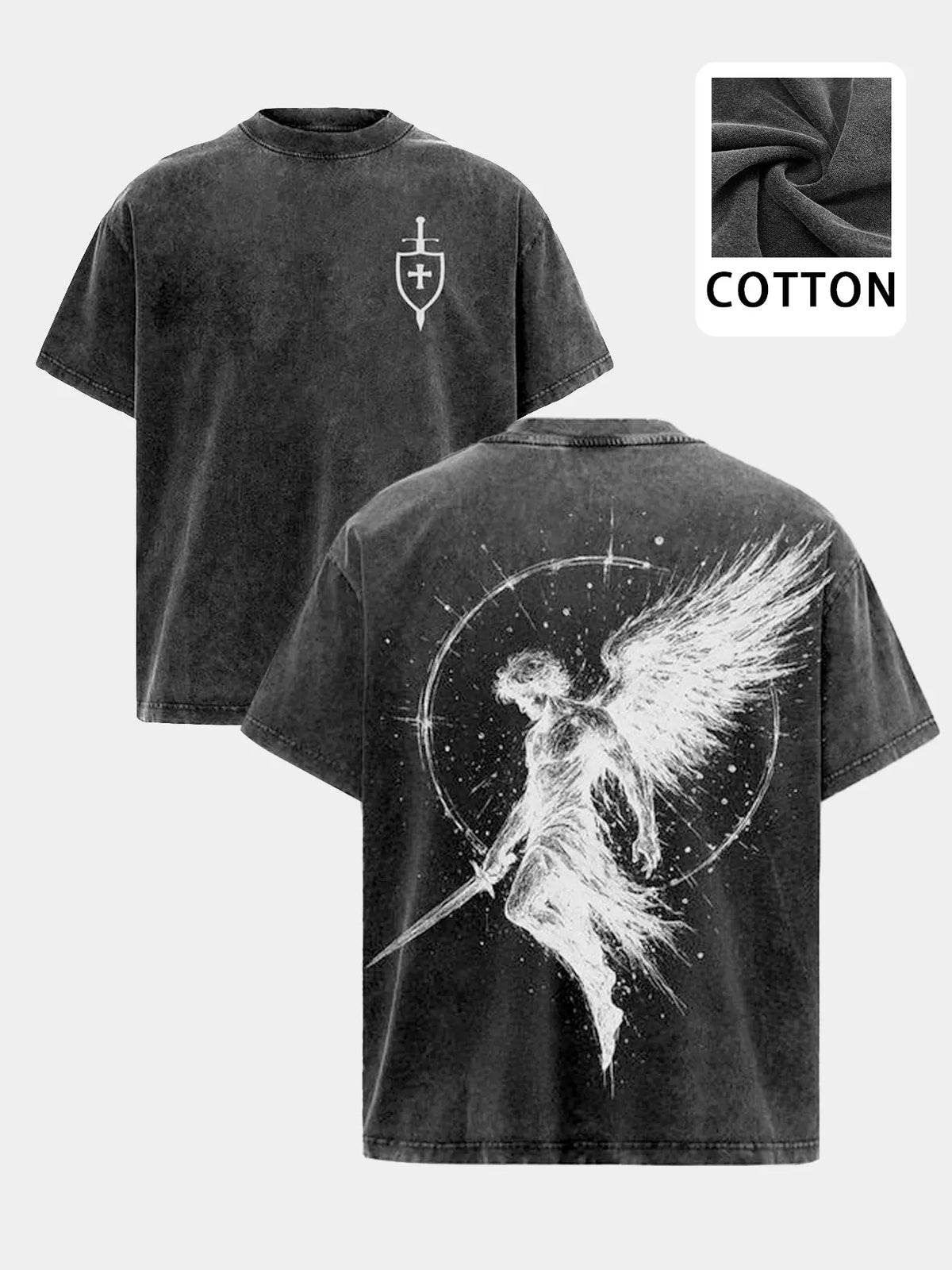 Men's Washed Cotton Short Sleeve Round Neck T-Shirt, Gothic Angel Graphic Print, Casual Streetwear Summer Top, Comfortable, Soft and Stylish, Perfect for Daily Wear, Menswear