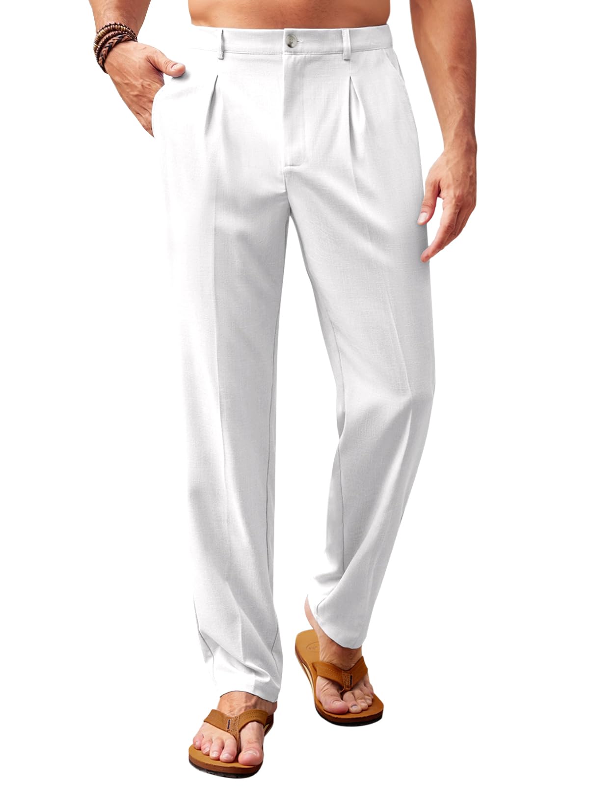 Runcati Mens Casual Pants Elastic Waist Lightweight Loose Pleated Slacks | Summer Beach, Yoga Trousers, Button Closure, Straight Leg, With Pockets, Solid Color