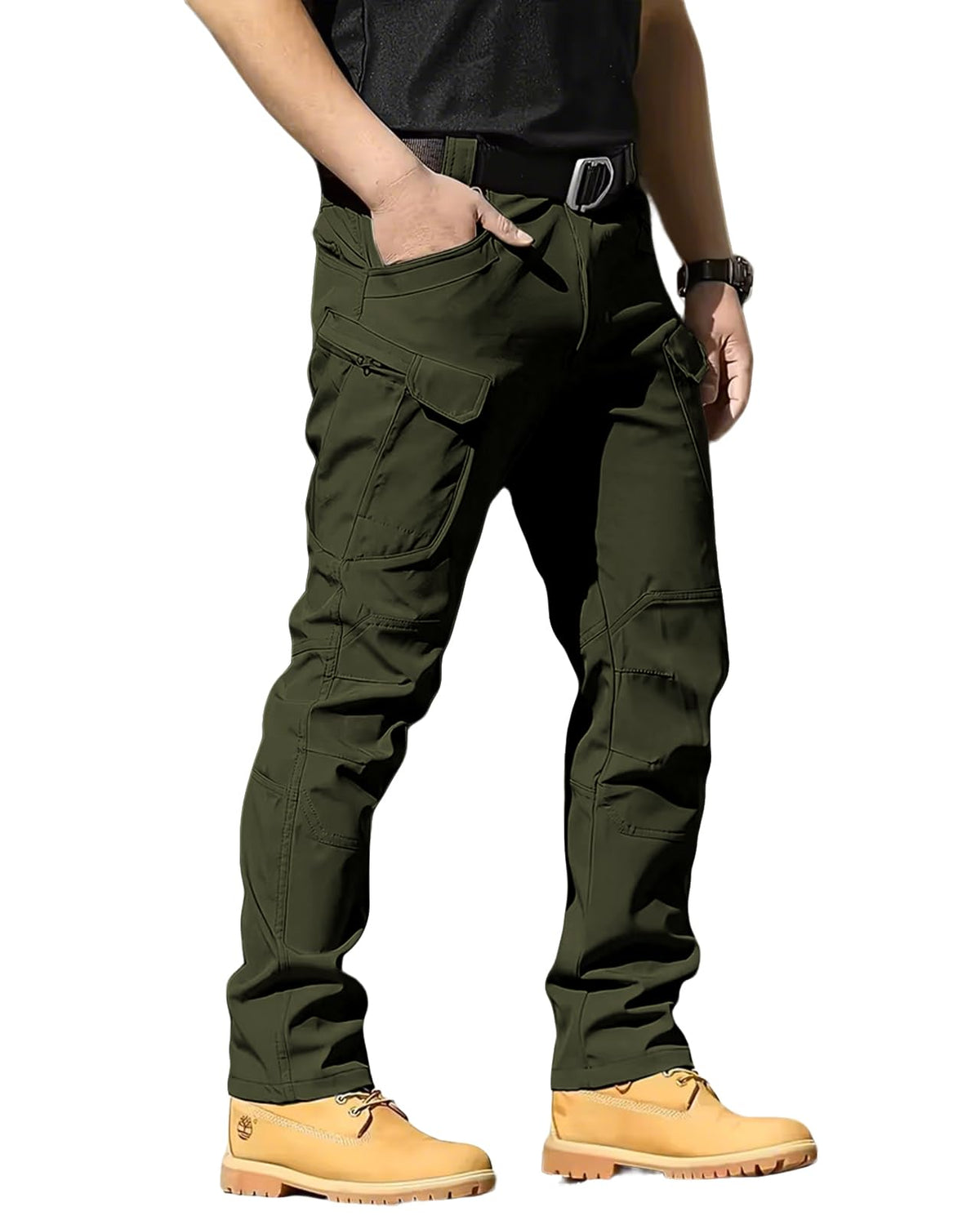 Men's Tactical Pants Stretch Waterproof Fabric Durable Cargo Pants for Hiking Casual Work Multi Pockets (No Belt)