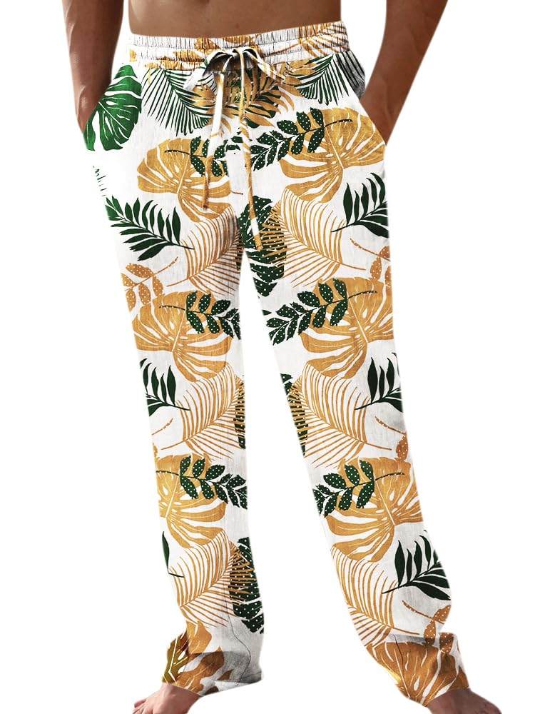 PASLTER Mens Cotton Linen Pants Casual Summer Beach Pants Dress Trousers | Loose Fit, Elastic Drawstring Waist, Lightweight, Straight-Legs, Slacks, Yoga, Work, Vacation, Quick Dry
