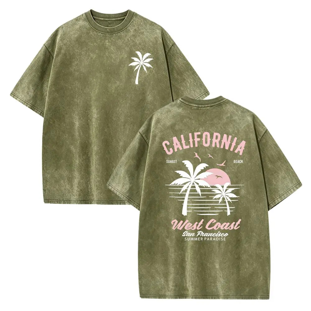 Unisex California Graphic Tee, Vintage 2000s Style Washed Cotton Shirt with Retro Palm Tree Print, Loose Fit Summer Top, Tops, Mens Clothing, Graphic Shirts, 2000S Shirts