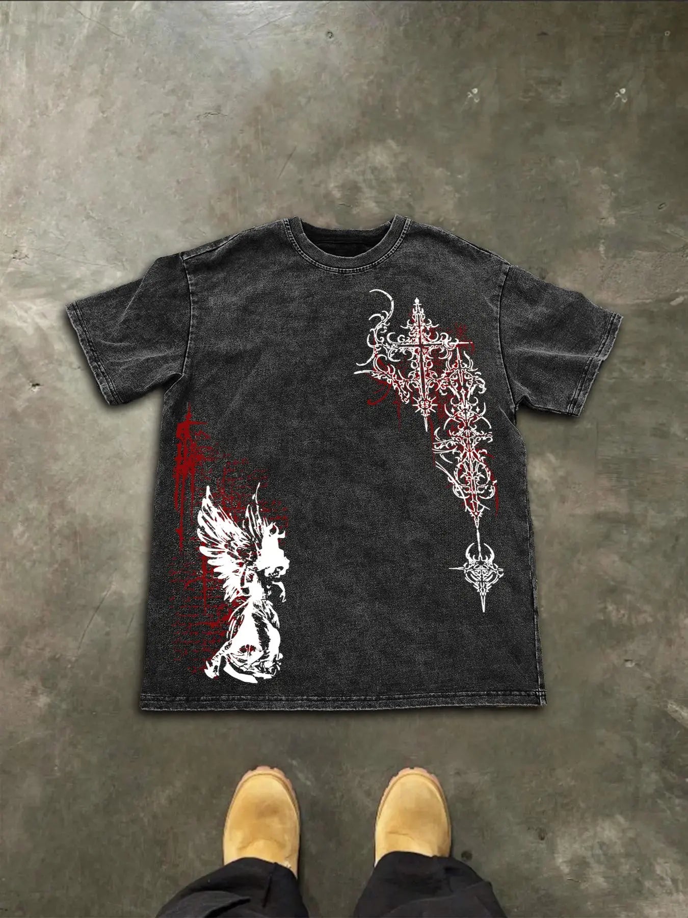 Men's Washed Cotton Short Sleeve Gothic Print T-Shirt, Pure Cotton Tee, Graphic, Casual Fashion, Comfortable Fit, Perfect for Daily Wear