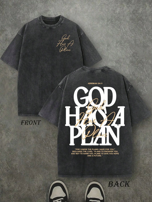 "God Has a Plan" Double-Sided Print Vintage Tee | 230gsm Heavyweight Washed Cotton Christian Streetwear, Unisex Wide-Shoulder Fit, High-Quality Casual Top for Men & Women