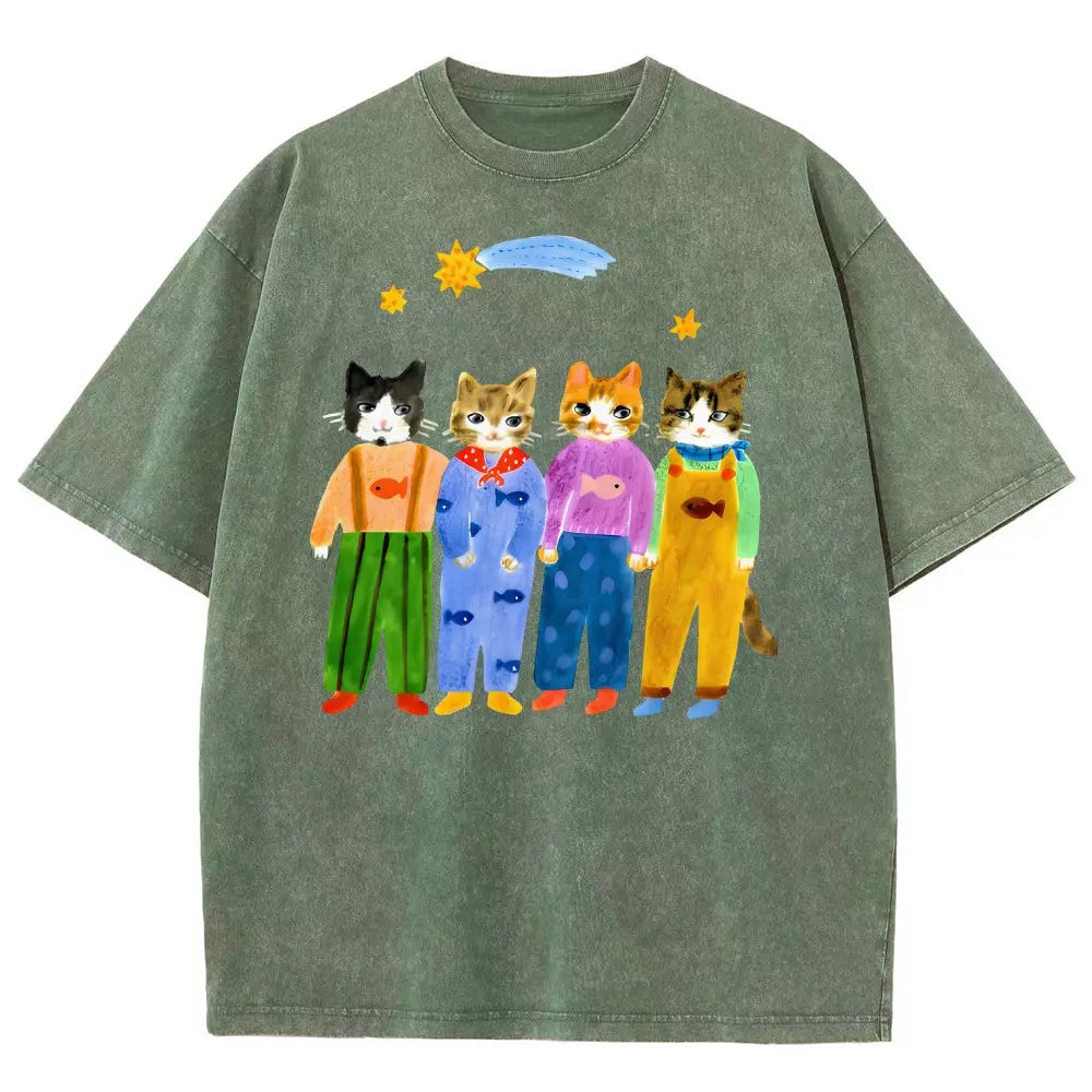 Retro Hand Painted Funny Cats In Overalls Graphic Vintage Tee 90s Graphic Tees Men's t Shirts Graphic Tee t Shirts Funny Graphic Tee Good Graphic Tees Men's Graphic Tees Streetwear Outfits Men Vacation Outfits Oversized Tshirt Men