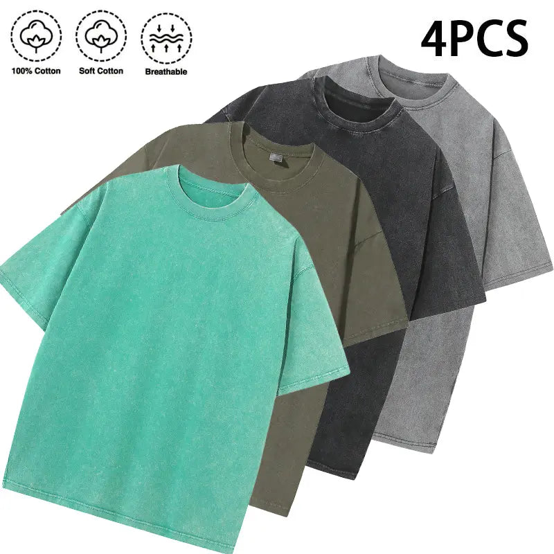 1/4 Pack Unisex 100% Cotton Vintage Wash T Shirts, Essential Crewneck Tees for Streetwear, Travel, Music Festivals & Everyday Basics, Soft Pre Shrunk Wardrobe Bundle