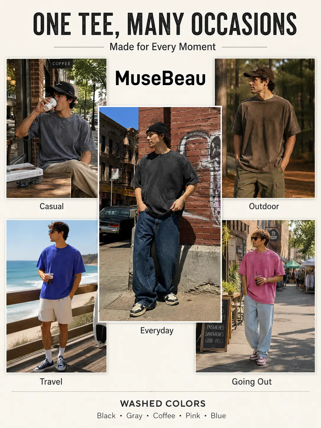Men's 4-Pack Oversized 240g Pure Cotton Short-Sleeve T-Shirts - Unisex Baggy Plain Foldable Clothes, Acid Wash Loose-Fit Retro Streetwear, Soft Breathable Heavyweight Tops for Everyday Wear, Gym, Shortsleeve, All Seasons