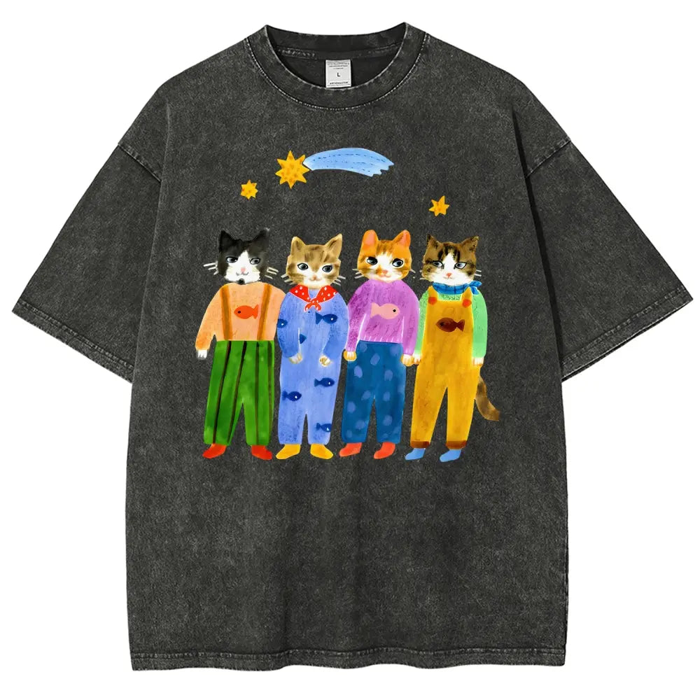 Retro Hand Painted Funny Cats In Overalls Graphic Vintage Tee 90s Graphic Tees Men's t Shirts Graphic Tee t Shirts Funny Graphic Tee Good Graphic Tees Men's Graphic Tees Streetwear Outfits Men Vacation Outfits Oversized Tshirt Men