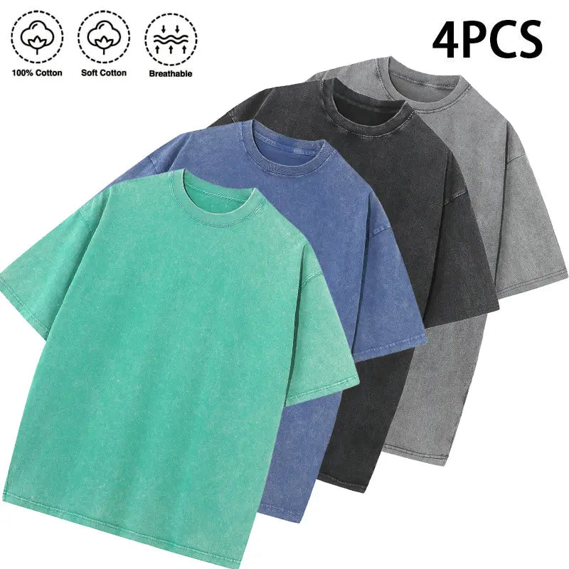 1/4 Pack Unisex 100% Cotton Vintage Wash T Shirts, Essential Crewneck Tees for Streetwear, Travel, Music Festivals & Everyday Basics, Soft Pre Shrunk Wardrobe Bundle