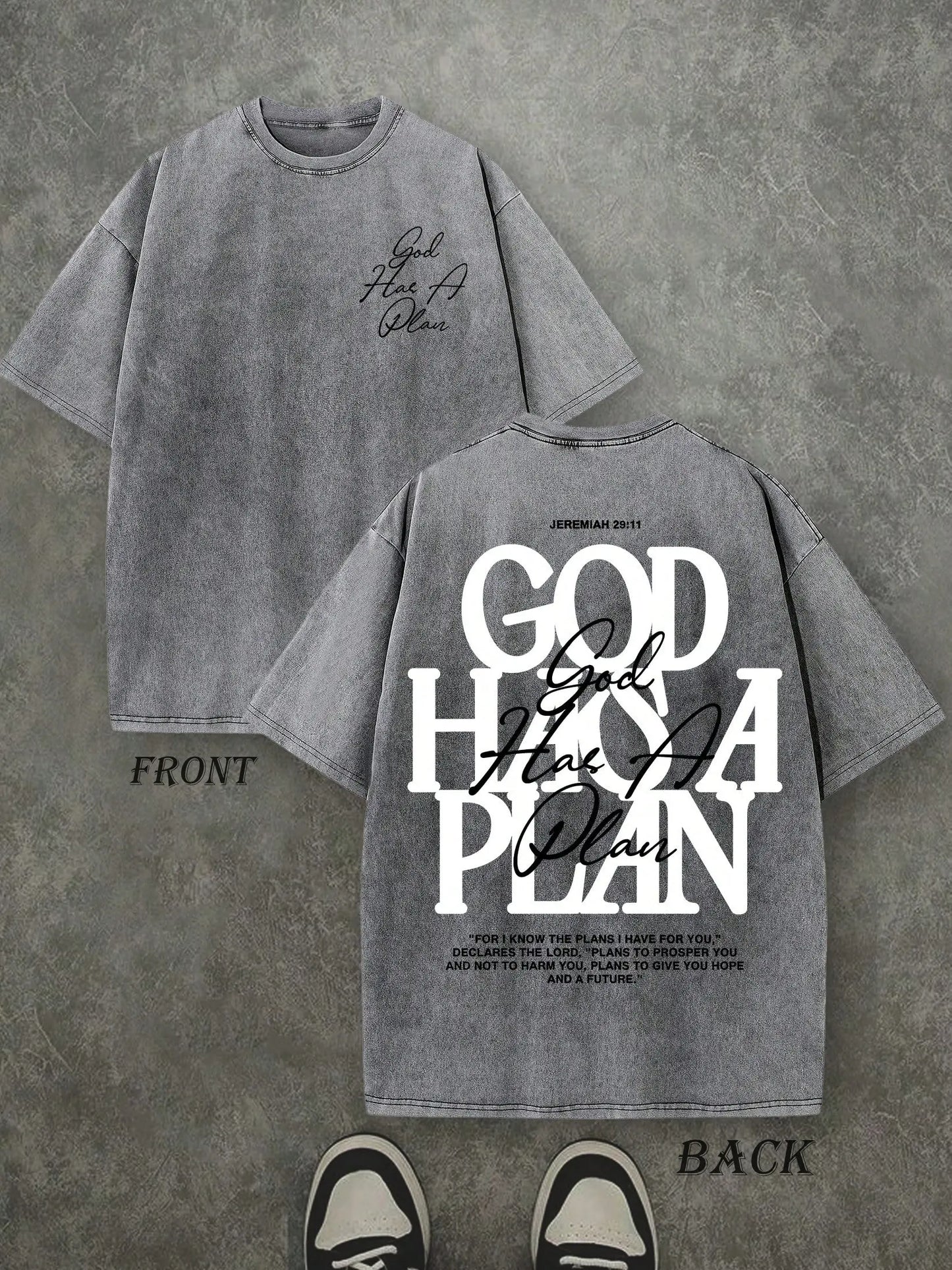 "God Has a Plan" Double-Sided Print Vintage Tee | 230gsm Heavyweight Washed Cotton Christian Streetwear, Unisex Wide-Shoulder Fit, High-Quality Casual Top for Men & Women