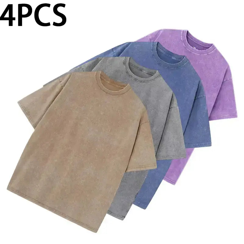 1/4 Pack Unisex 100% Cotton Vintage Wash T Shirts, Essential Crewneck Tees for Streetwear, Travel, Music Festivals & Everyday Basics, Soft Pre Shrunk Wardrobe Bundle