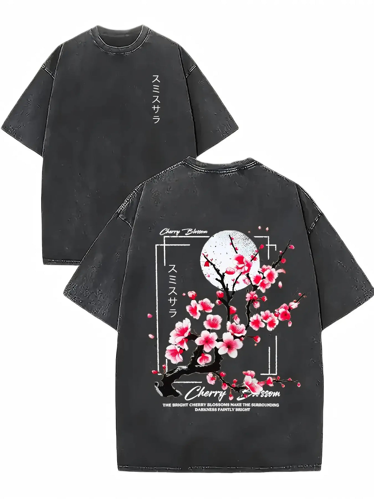 100% Washed Cotton Fabric Round Neck Short-Sleeve T-Shirt - Vintage Acid-Washed Print Top with Cherry Blossom & Japanese Lettering, Loose Knit Distressed Casual Summer Unisex Wear, Teen Boy Gift Menswear