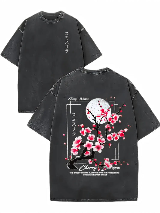 100% Washed Cotton Fabric Round Neck Short-Sleeve T-Shirt - Vintage Acid-Washed Print Top with Cherry Blossom & Japanese Lettering, Loose Knit Distressed Casual Summer Unisex Wear, Teen Boy Gift Menswear