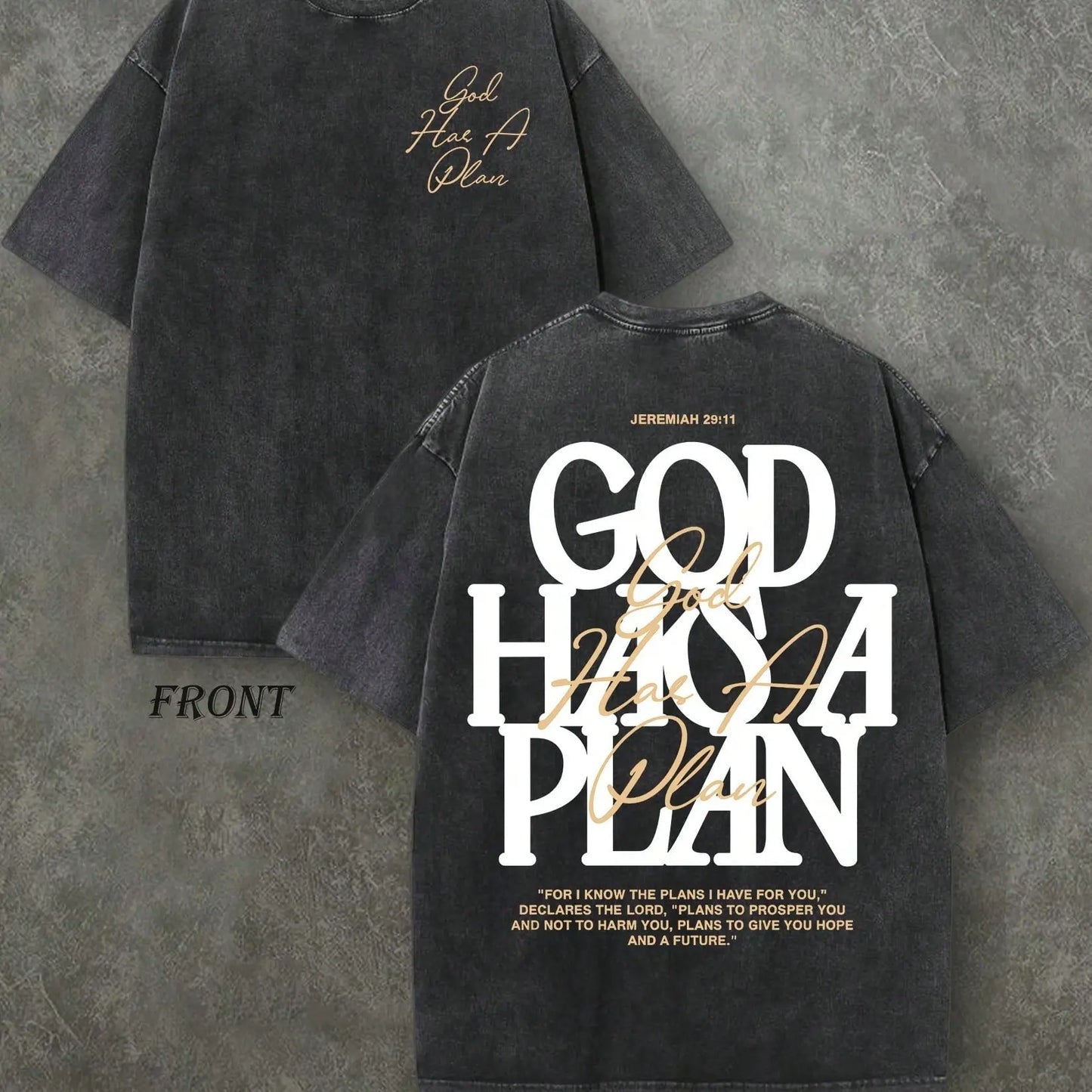 "God Has a Plan" Double-Sided Print Vintage Tee | 230gsm Heavyweight Washed Cotton Christian Streetwear, Unisex Wide-Shoulder Fit, High-Quality Casual Top for Men & Women