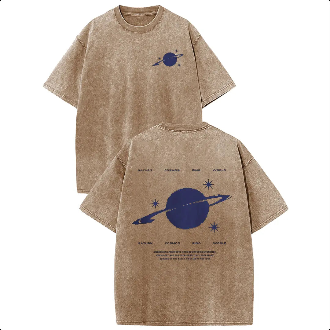 Holafish 100% Cotton Saturn Cosmos Womens Acid Washed T‑Shirt Retro Dual‑Side Graphic Printed Unisex Fashion Tees Summervibes Casual Top 2026