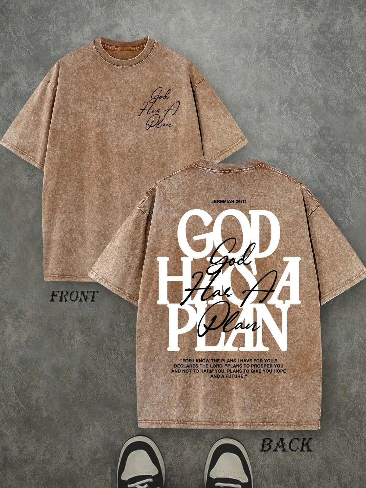 "God Has a Plan" Double-Sided Print Vintage Tee | 230gsm Heavyweight Washed Cotton Christian Streetwear, Unisex Wide-Shoulder Fit, High-Quality Casual Top for Men & Women