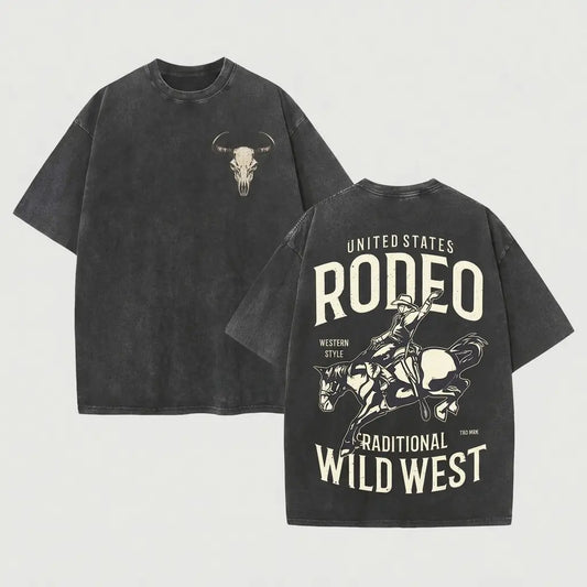 Men's Short Sleeve T-Shirt, Vintage Style with Double-Sided Bull Skull Graphic, Oversized Washed Cotton Round Neck with Slight Stretch, Top, Menswear, Tshirt, Preppy, Street, Shortsleeve, Casual Fit, Four Seasons