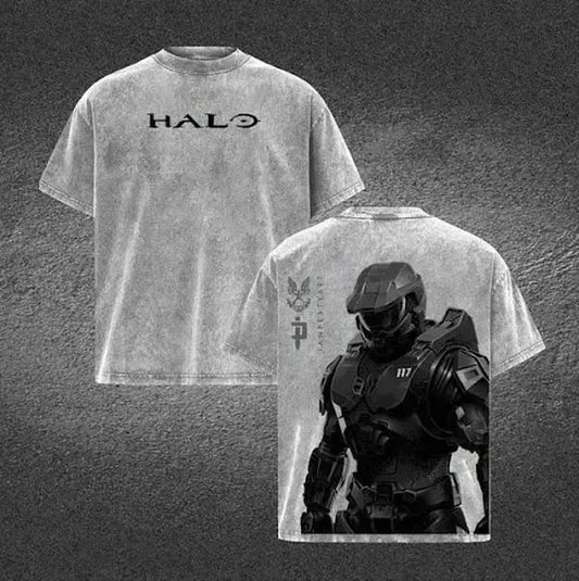 Halo Master Chief Double Printed Acid Washed Tee Vintage Gaming Graphic T Shirt Oversized Loose Fit Soft Cotton Short Sleeve Crew Neck Retro Streetwear Lightweight Casual Daily Wear Trendy Gamer Top Holiday Gift for Men Women