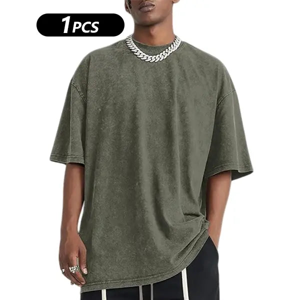 Men's cotton T-shirt solid color retro streetwear basic style - fabric skin friendly, comfortable, breathable short sleeved top, daily loose and versatile