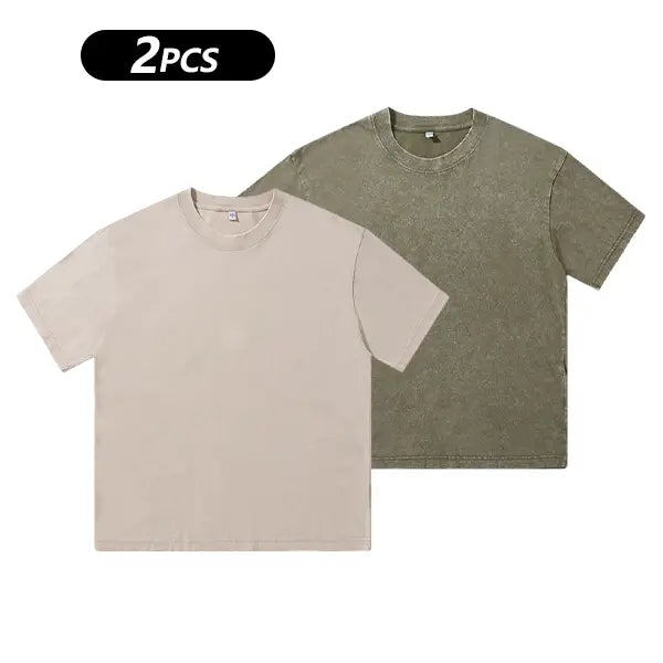 Men's pure cotton T-shirt washed retro loose solid color short sleeved top fabric skin friendly, breathable and comfortable daily casual versatile street T-shirt