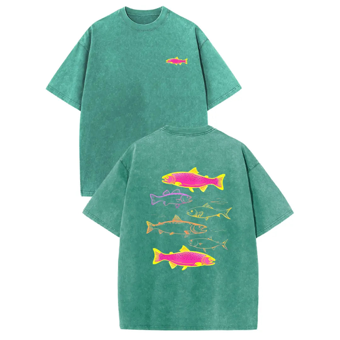Holafish Heavyweight Cotton Crewneck Streetwear T‑Shirt, Retro Acid Wash Neon Trout Fish Dual Side Graphic Printed Unisex Fashion Tees summervibes Casual Top
