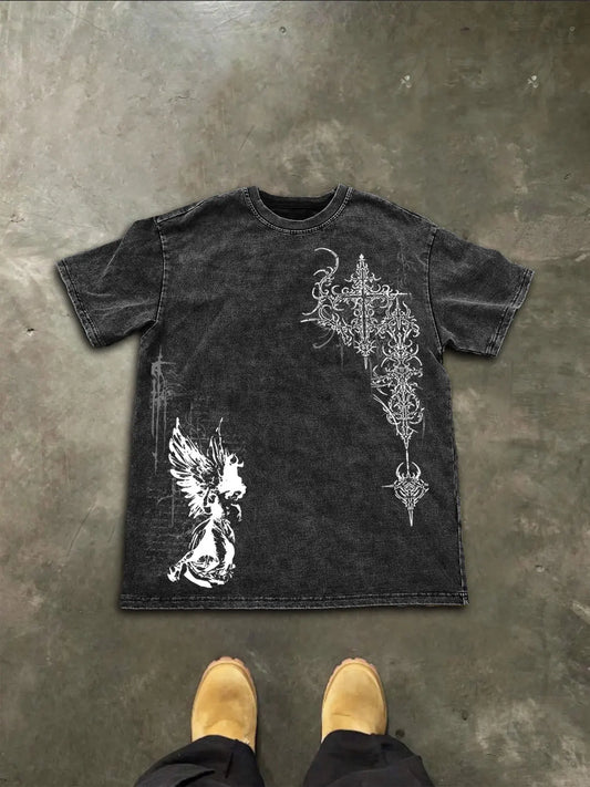 Men's Washed Cotton Short Sleeve Gothic Print T-Shirt, Pure Cotton Tee, Graphic, Casual Fashion, Comfortable Fit, Perfect for Daily Wear
