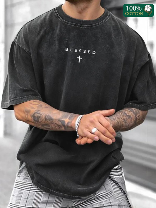 Men's Short Sleeve T-Shirt, Long, Graphic Print, American Vintage Washed Cotton, Street Dance Fashion, Streetwear, Casual Fit, Summer Wear, Fitted