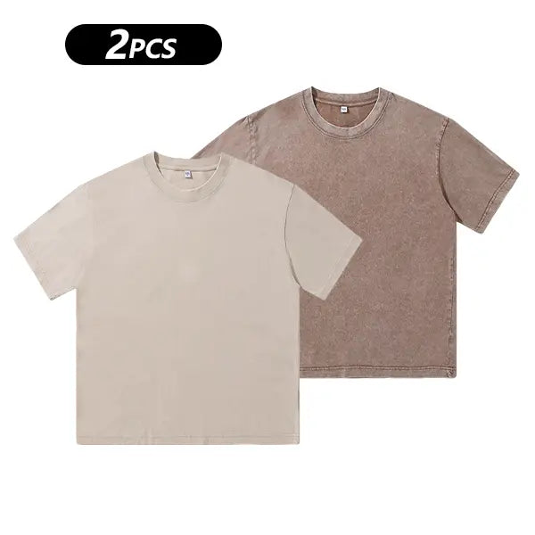 Men's pure cotton T-shirt washed retro loose solid color short sleeved top fabric skin friendly, breathable and comfortable daily casual versatile street T-shirt