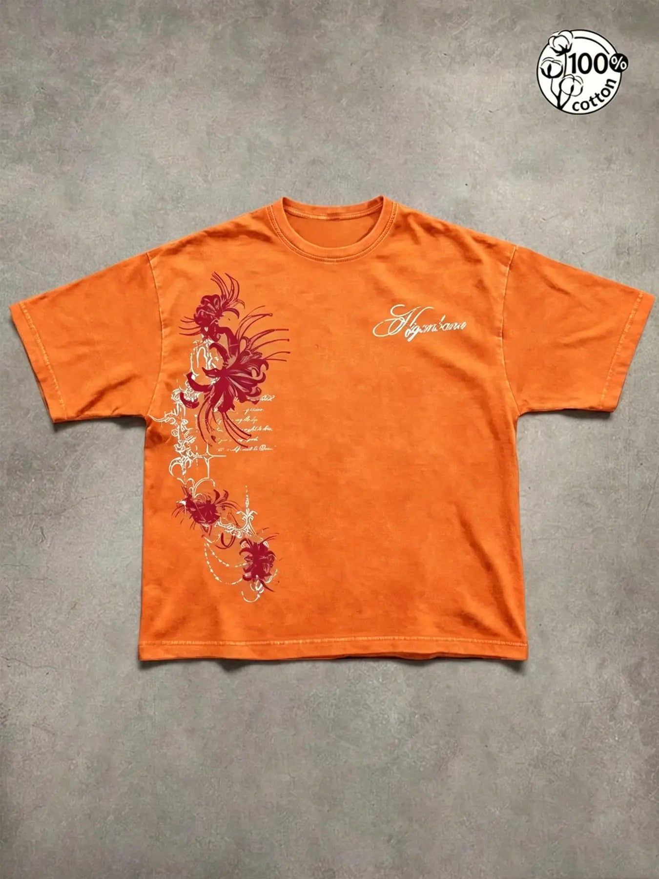 Unisex 100% Cotton Washed Vintage Spider Lily Print Oversized T-Shirt, Y2K Dark Gothic High-Street American Retro Streetwear Top, Casual