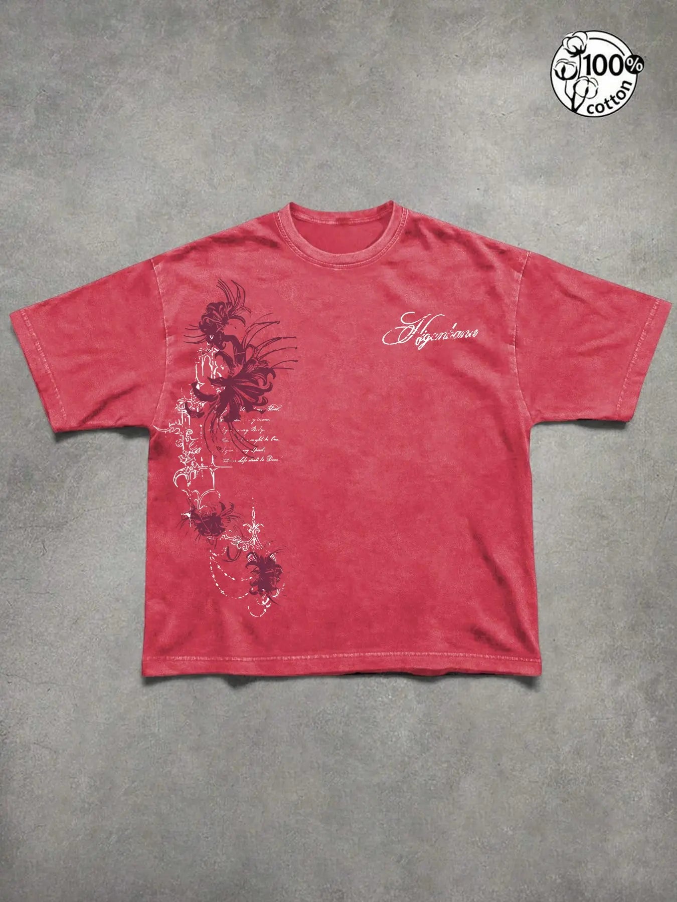 Unisex 100% Cotton Washed Vintage Spider Lily Print Oversized T-Shirt, Y2K Dark Gothic High-Street American Retro Streetwear Top, Casual