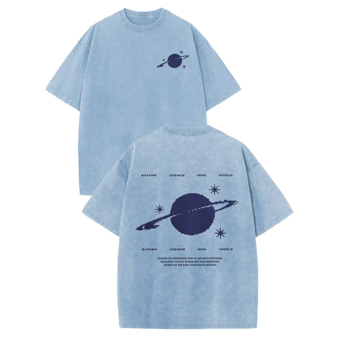 Holafish 100% Cotton Saturn Cosmos Womens Acid Washed T‑Shirt Retro Dual‑Side Graphic Printed Unisex Fashion Tees Summervibes Casual Top 2026