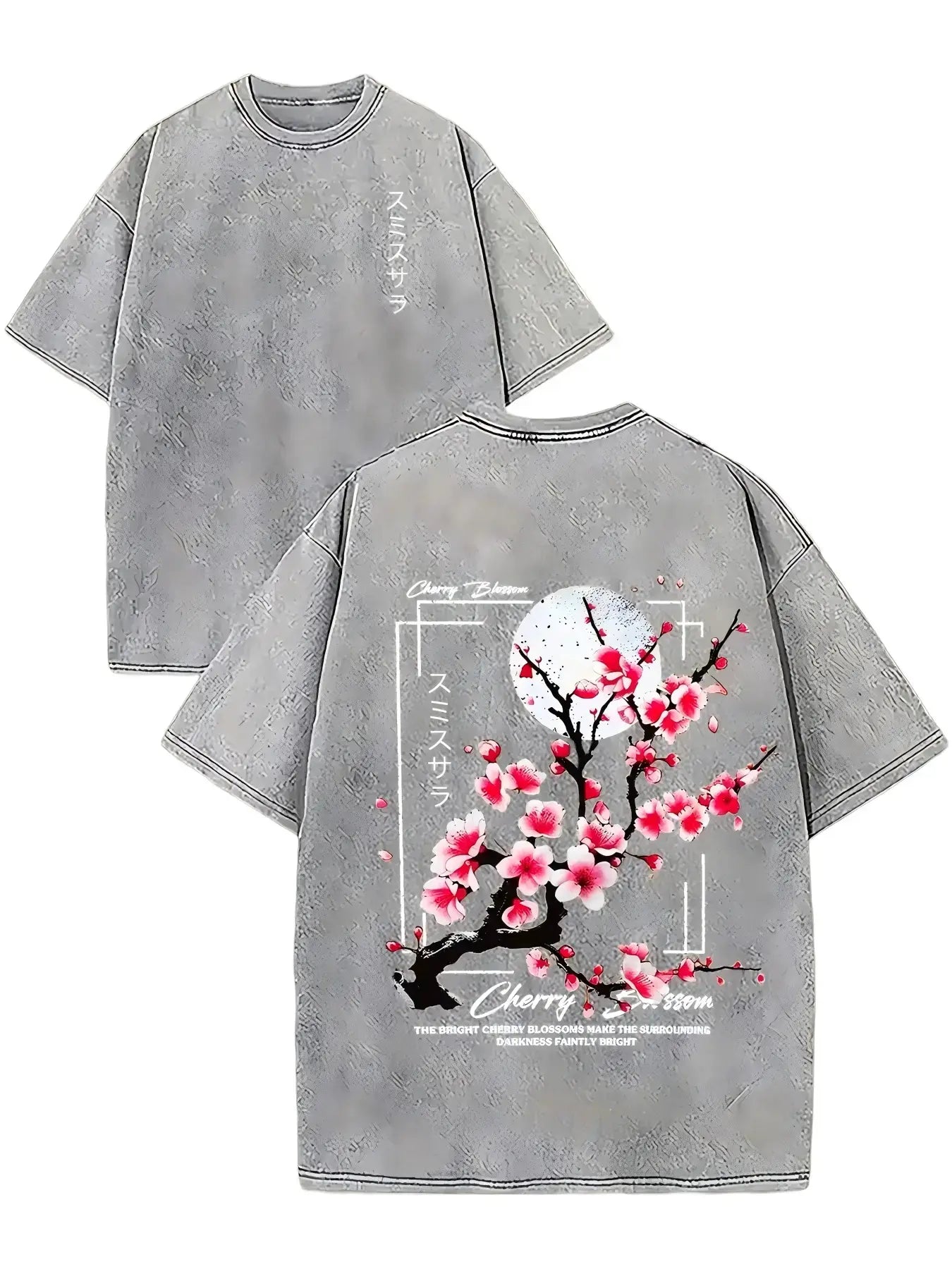 100% Washed Cotton Fabric Round Neck Short-Sleeve T-Shirt - Vintage Acid-Washed Print Top with Cherry Blossom & Japanese Lettering, Loose Knit Distressed Casual Summer Unisex Wear, Teen Boy Gift Menswear