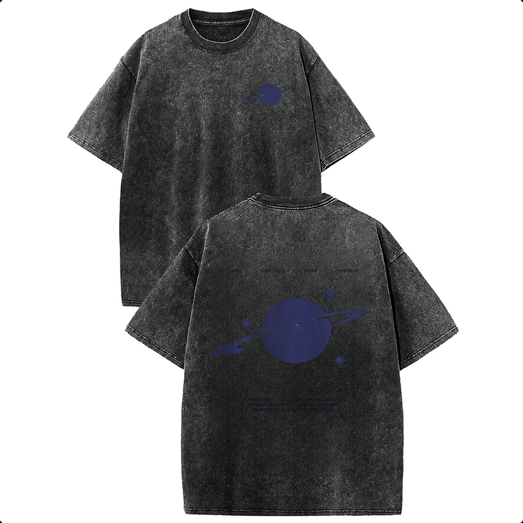 Holafish 100% Cotton Saturn Cosmos Womens Acid Washed T‑Shirt Retro Dual‑Side Graphic Printed Unisex Fashion Tees Summervibes Casual Top 2026