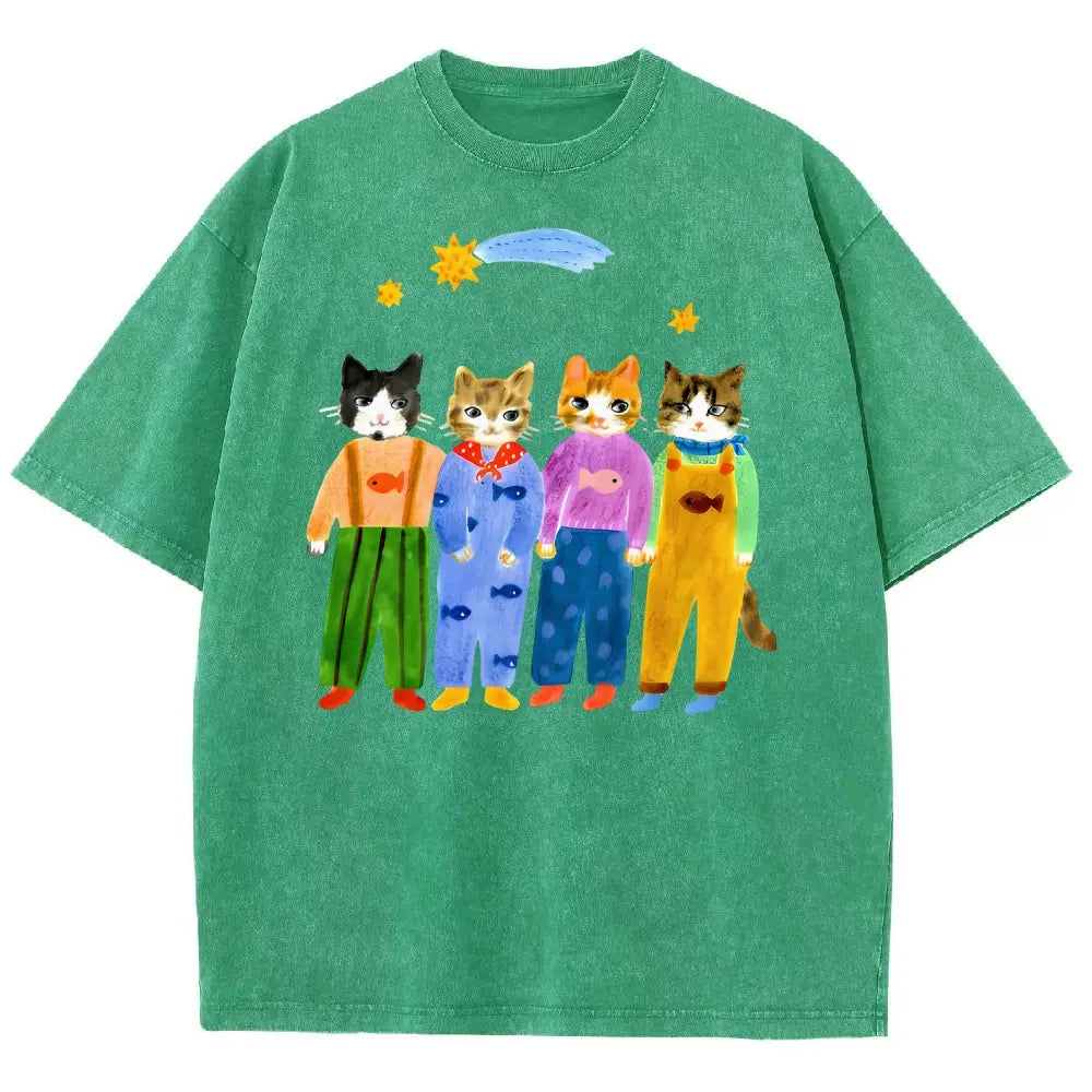 Retro Hand Painted Funny Cats In Overalls Graphic Vintage Tee 90s Graphic Tees Men's t Shirts Graphic Tee t Shirts Funny Graphic Tee Good Graphic Tees Men's Graphic Tees Streetwear Outfits Men Vacation Outfits Oversized Tshirt Men