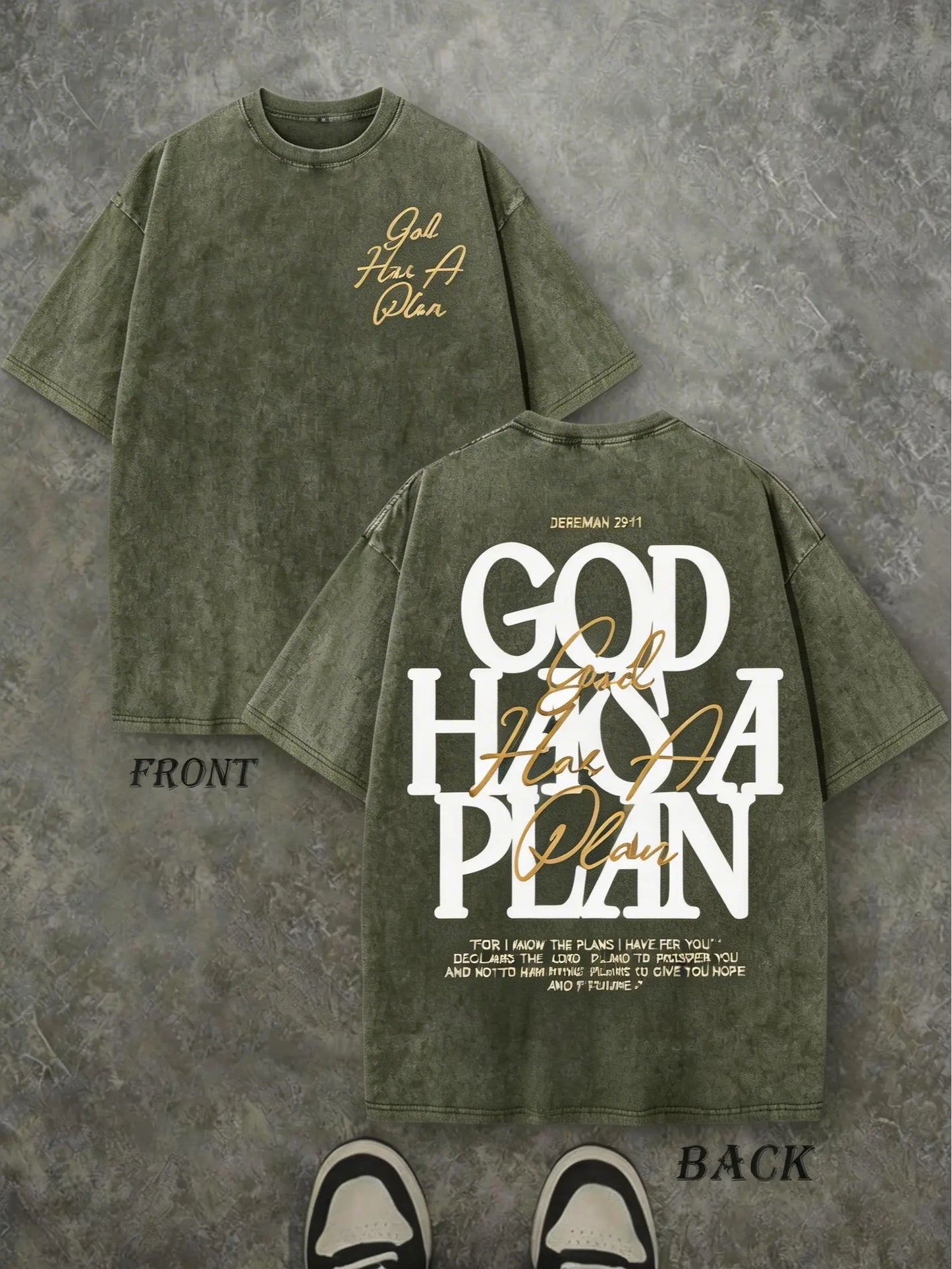 "God Has a Plan" Double-Sided Print Vintage Tee | 230gsm Heavyweight Washed Cotton Christian Streetwear, Unisex Wide-Shoulder Fit, High-Quality Casual Top for Men & Women