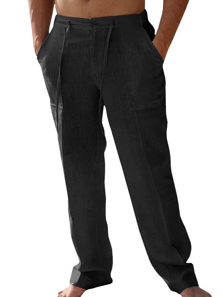 PASLTER Mens Cotton Linen Pants Casual Summer Beach Pants Dress Trousers | Loose Fit, Elastic Drawstring Waist, Lightweight, Straight-Legs, Slacks, Yoga, Work, Vacation, Quick Dry