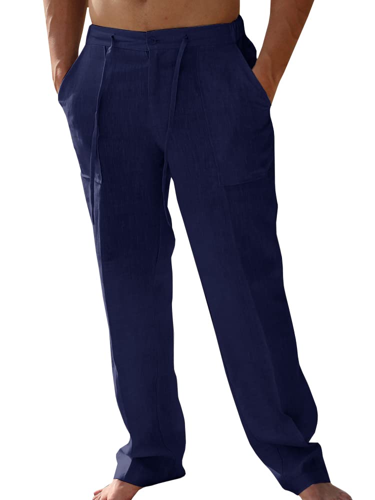 PASLTER Mens Cotton Linen Pants Casual Summer Beach Pants Dress Trousers | Loose Fit, Elastic Drawstring Waist, Lightweight, Straight-Legs, Slacks, Yoga, Work, Vacation, Quick Dry