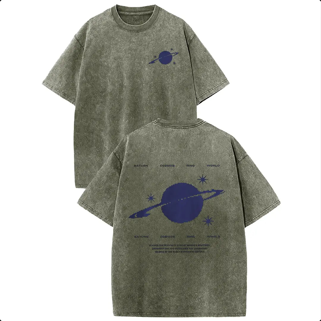 Holafish 100% Cotton Saturn Cosmos Womens Acid Washed T‑Shirt Retro Dual‑Side Graphic Printed Unisex Fashion Tees Summervibes Casual Top 2026