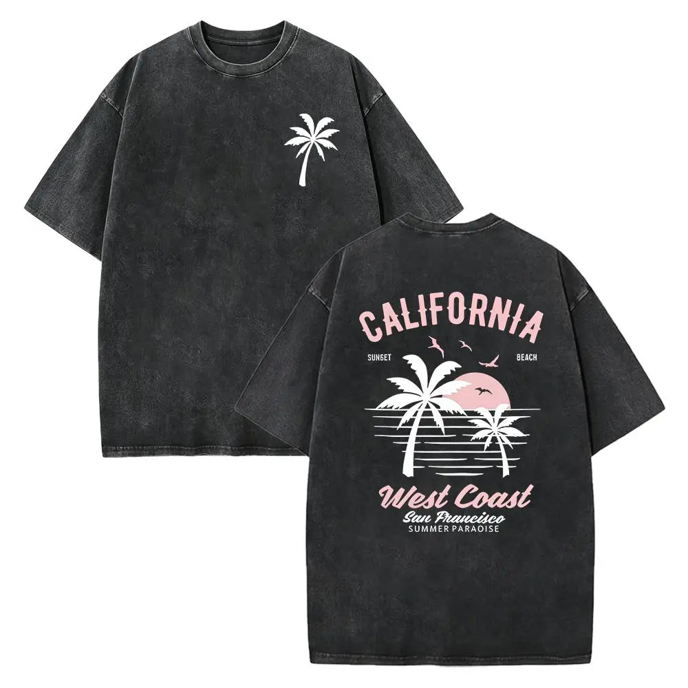Unisex California Graphic Tee, Vintage 2000s Style Washed Cotton Shirt with Retro Palm Tree Print, Loose Fit Summer Top, Tops, Mens Clothing, Graphic Shirts, 2000S Shirts