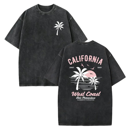 Unisex California Graphic Tee, Vintage 2000s Style Washed Cotton Shirt with Retro Palm Tree Print, Loose Fit Summer Top, Tops, Mens Clothing, Graphic Shirts, 2000S Shirts