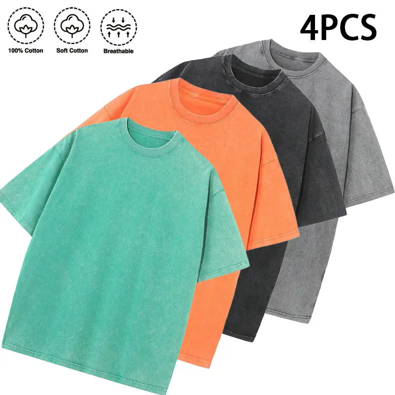 1/4 Pack Unisex 100% Cotton Vintage Wash T Shirts, Essential Crewneck Tees for Streetwear, Travel, Music Festivals & Everyday Basics, Soft Pre Shrunk Wardrobe Bundle