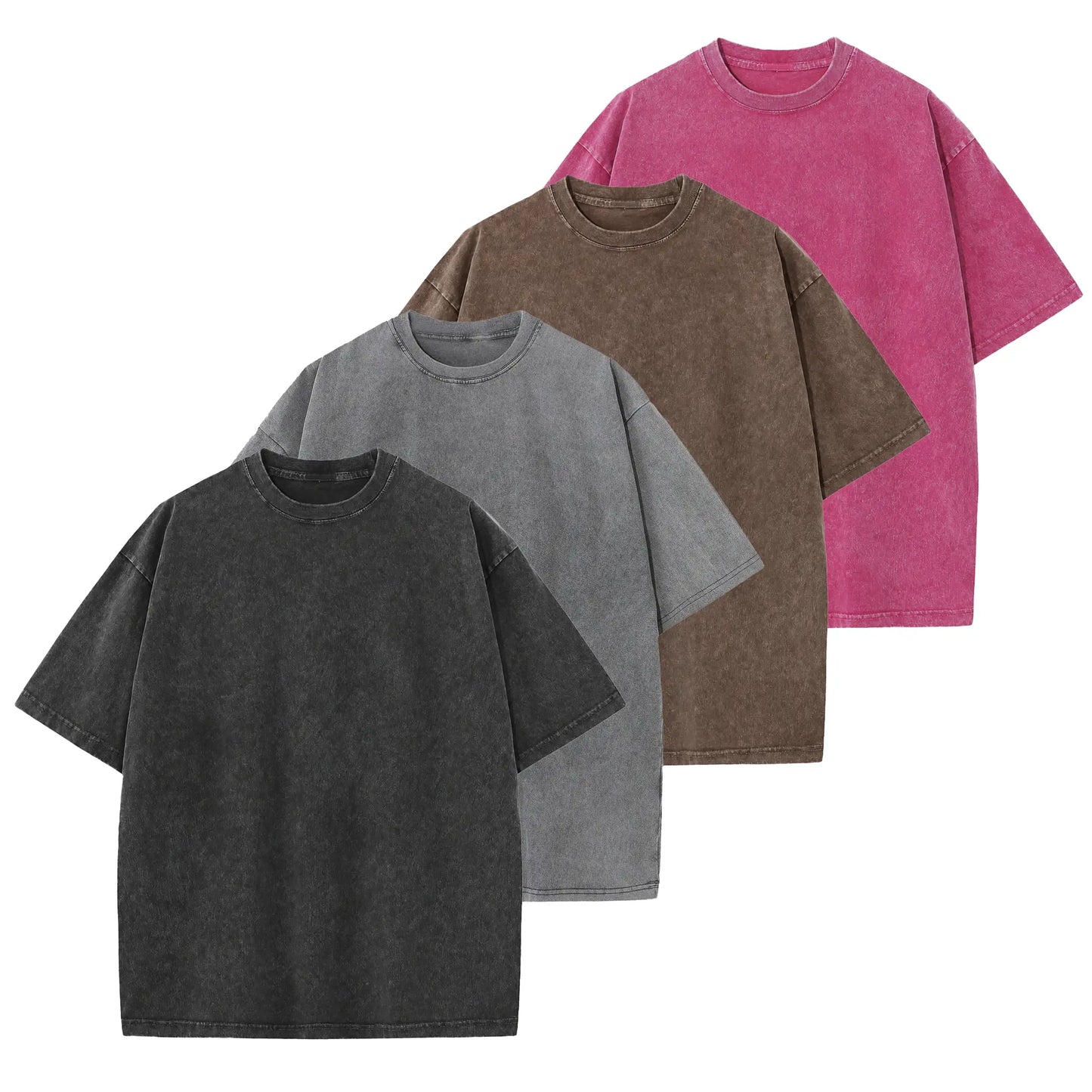 Men's 4-Pack Oversized 240g Pure Cotton Short-Sleeve T-Shirts - Unisex Baggy Plain Foldable Clothes, Acid Wash Loose-Fit Retro Streetwear, Soft Breathable Heavyweight Tops for Everyday Wear, Gym, Shortsleeve, All Seasons