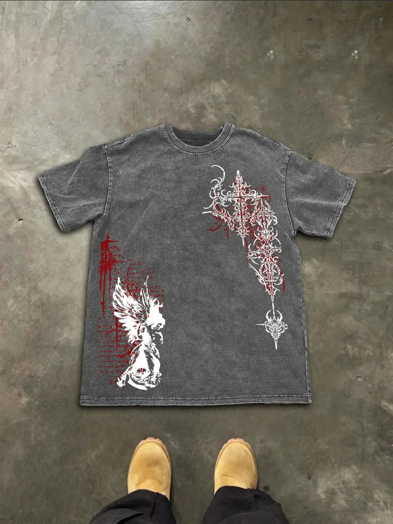 Men's Washed Cotton Short Sleeve Gothic Print T-Shirt, Pure Cotton Tee, Graphic, Casual Fashion, Comfortable Fit, Perfect for Daily Wear