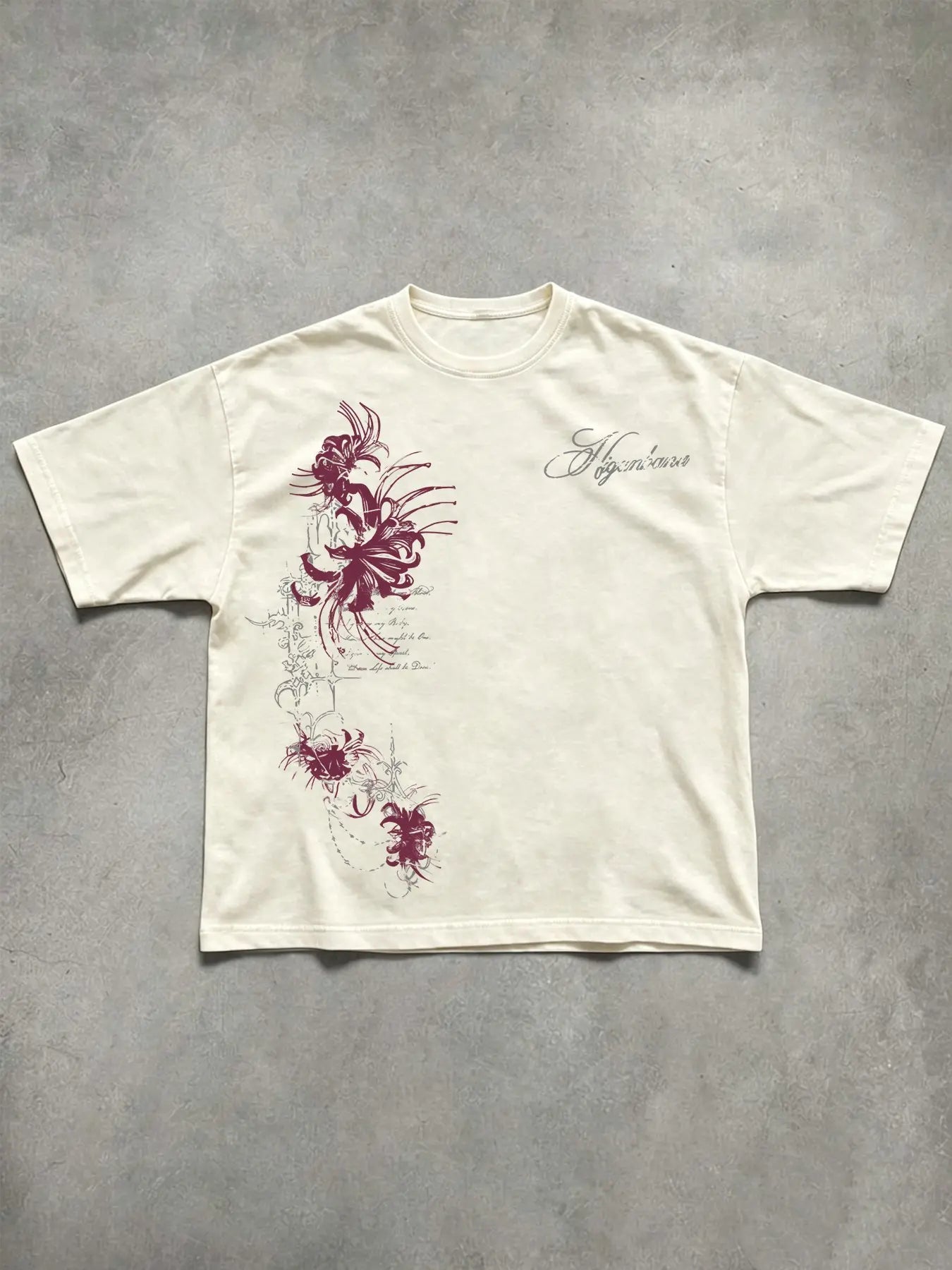Unisex 100% Cotton Washed Vintage Spider Lily Print Oversized T-Shirt, Y2K Dark Gothic High-Street American Retro Streetwear Top, Casual