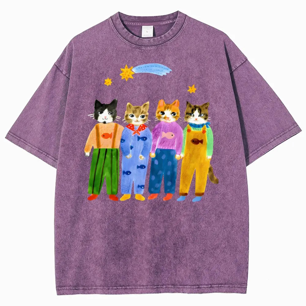 Retro Hand Painted Funny Cats In Overalls Graphic Vintage Tee 90s Graphic Tees Men's t Shirts Graphic Tee t Shirts Funny Graphic Tee Good Graphic Tees Men's Graphic Tees Streetwear Outfits Men Vacation Outfits Oversized Tshirt Men
