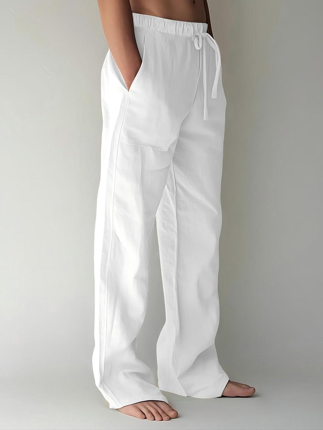 PIDOGYM Mens Cotton Linen Pants Beach Casual Pajama Pants with Pockets | Elastic Waist Drawstring, Lightweight, Wide Leg Loose Design, Vacation Summer Outfits, Baggy Dress Trousers, Yoga for Women