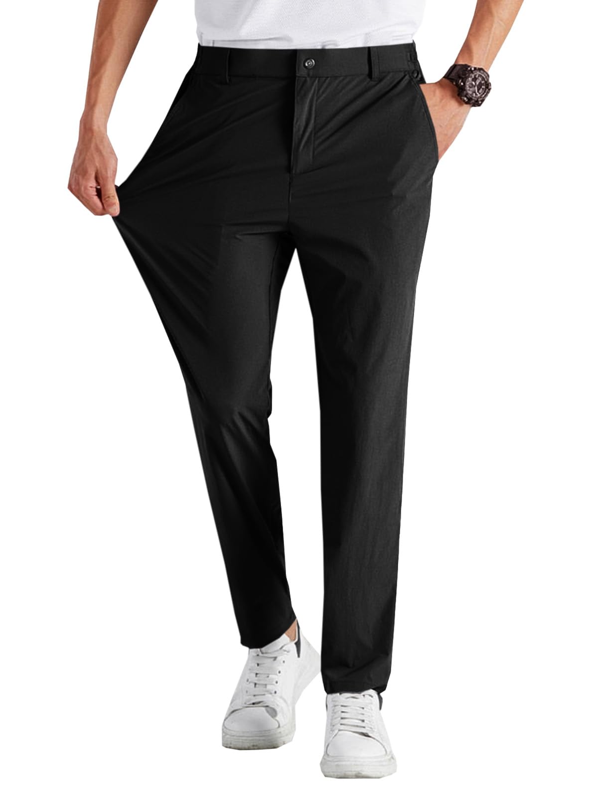 Runcati Mens Stretch Golf Pants Casual Dress Pants Work Trousers | Slim Fit, Quick Dry, Lightweight, Comfy, Slacks, Pockets, Elastic Waist, Tapered, Cropped, 30", 29", Chino