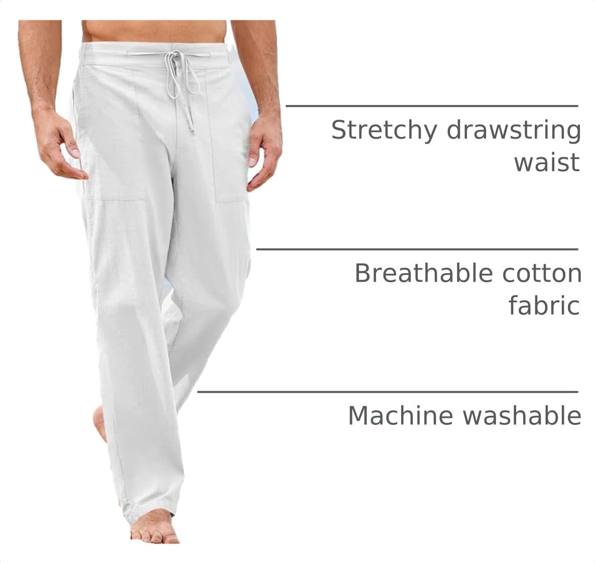 PASLTER Mens Cotton Linen Pants Casual Summer Beach Pants Dress Trousers | Loose Fit, Elastic Drawstring Waist, Lightweight, Straight-Legs, Slacks, Yoga, Work, Vacation, Quick Dry