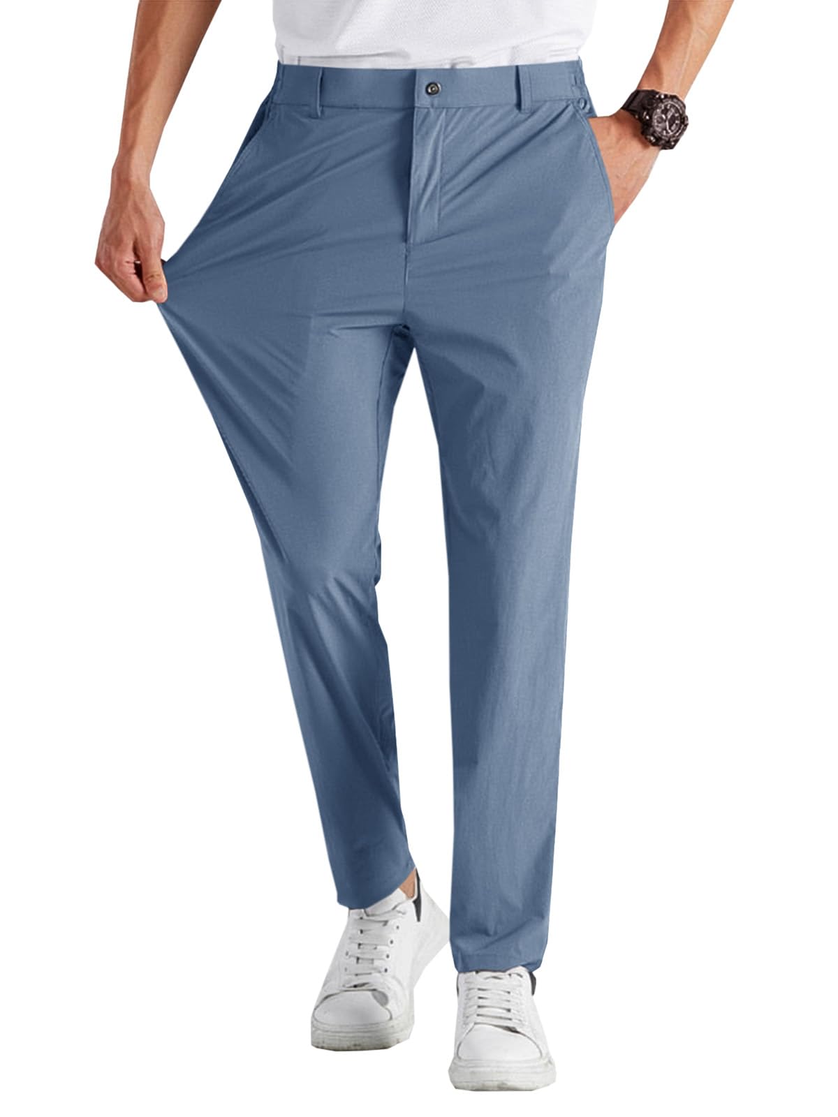 Runcati Mens Stretch Golf Pants Casual Dress Pants Work Trousers | Slim Fit, Quick Dry, Lightweight, Comfy, Slacks, Pockets, Elastic Waist, Tapered, Cropped, 30", 29", Chino