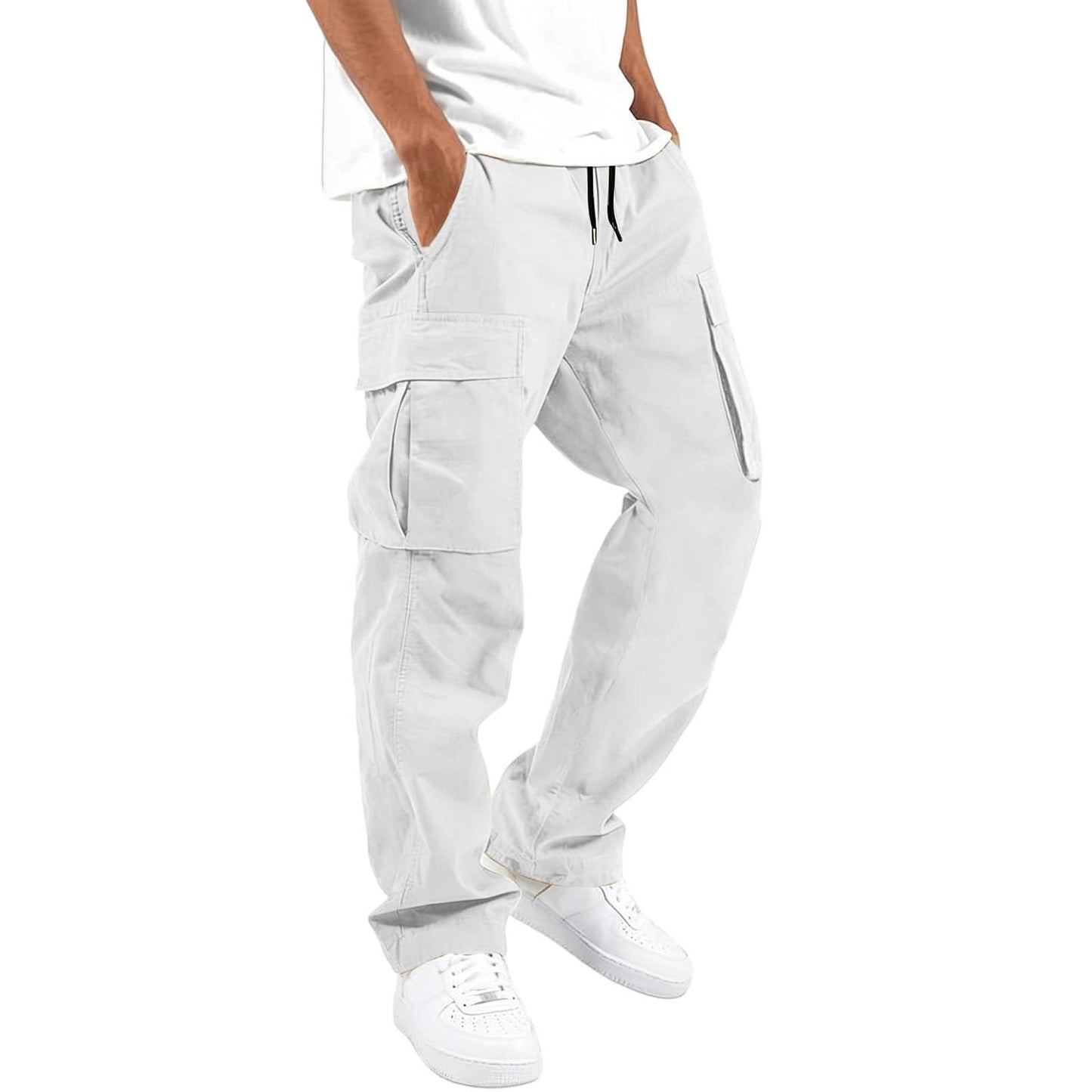 Mens Cargo Pants Casual Relaxed Fit Elastic Waist Hiking Cargo Work Pants | Drawstring Cargo Hiking Pants with Multi Pockets Straight Leg Athletic Pants for Outdoor Camping Fishing Workout Sweatpants